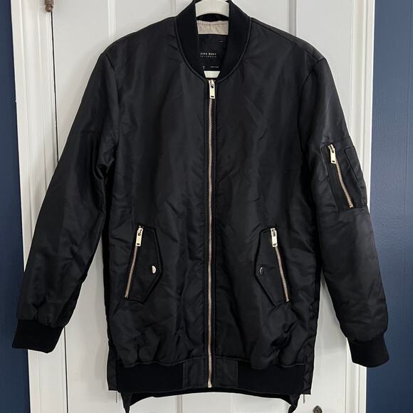 ♥️ Zara Oversized Black Bomber Jacket Women Side Zip Gold Zipper Size Small - Picture 2 of 9
